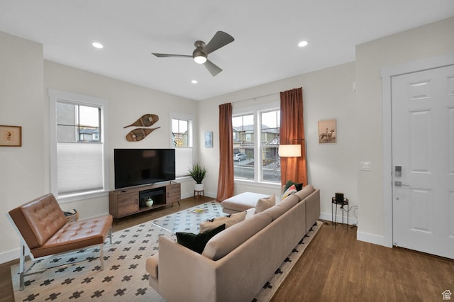 1097 W Wasatch Spring Rd, Kamas, UT 84036 - living area featuring wood finished floors, baseboards, ceiling fan, and recessed lighting