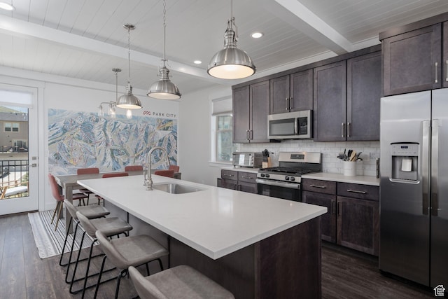 1097 W Wasatch Spring Rd, Kamas, UT 84036 - kitchen featuring stainless steel appliances, a sink, dark wood-style floors, dark brown cabinets, and wooden ceiling with exposed beams