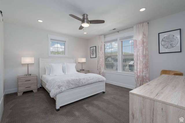 1097 W Wasatch Spring Rd, Kamas, UT 84036 - bedroom with dark carpet, baseboards, recessed lighting, and a ceiling fan