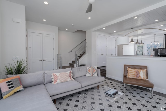 1097 W Wasatch Spring Rd, Kamas, UT 84036 - living area with recessed lighting, stairs, ceiling fan, baseboards, and light wood-style flooring