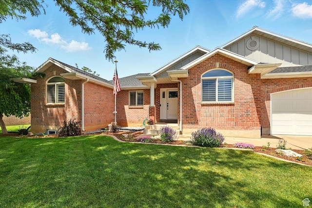 774 W 2300 S, Syracuse, UT 84075 - ranch-style house with a garage, a front yard, brick siding, and board and batten siding