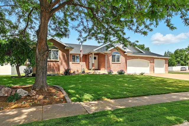 774 W 2300 S, Syracuse, UT 84075 - ranch-style house featuring driveway, a garage, a front yard, brick siding, and board and batten siding