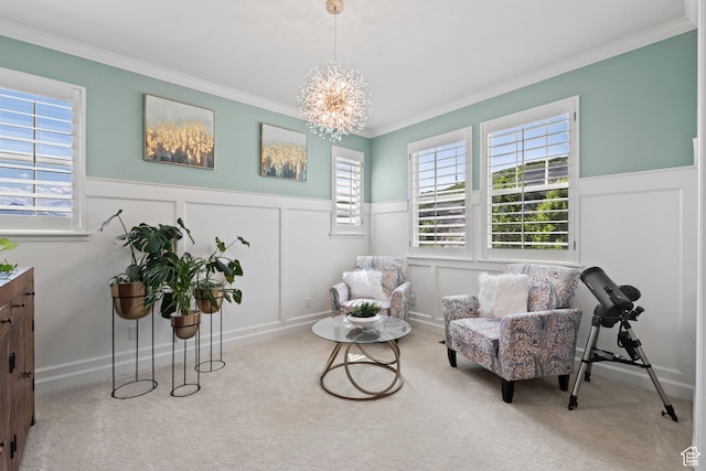 5284 W Orchard Spring Dr S, Herriman, UT 84096 - sitting room featuring a wainscoted wall, carpet flooring, crown molding, a chandelier, and a decorative wall