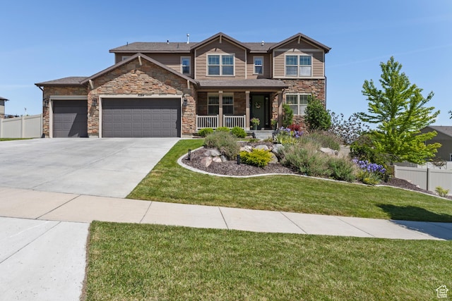 5284 W Orchard Spring Dr S, Herriman, UT 84096 - craftsman-style home featuring an attached garage, a porch, concrete driveway, and stone siding