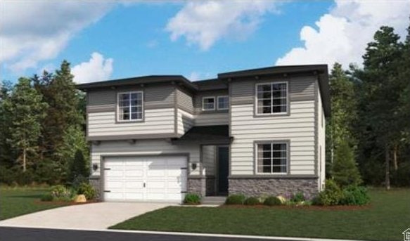 2065 E Burger St Unit 1247, Lake Point, UT 84074 - view of front of property with stone siding, concrete driveway, and a front yard