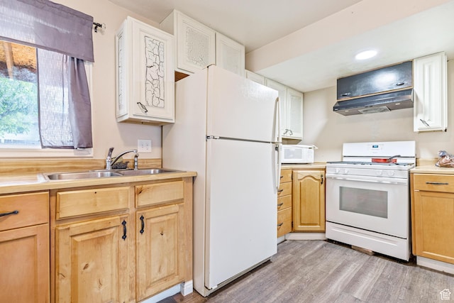 773 W 1280 S, Provo, UT 84601 - kitchen featuring white appliances, a sink, under cabinet range hood, light wood-type flooring, and light countertops