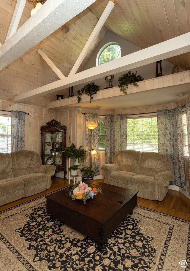 40 S Main St, Glenwood, UT 84730 - living room with wooden ceiling with exposed beams, wood finished floors, plenty of natural light, high vaulted ceiling, and wooden walls
