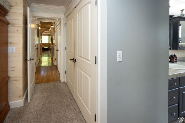 40 S Main St, Glenwood, UT 84730 - hall featuring ornamental molding, carpet flooring, and a sink