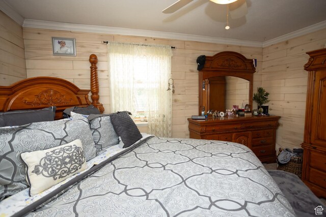 40 S Main St, Glenwood, UT 84730 - bedroom featuring wooden walls, crown molding, and a ceiling fan