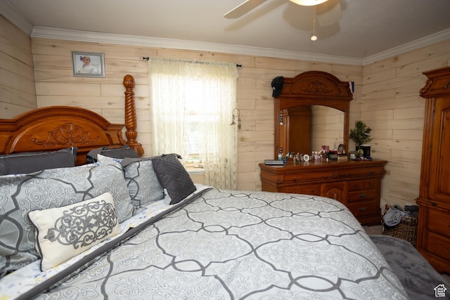 40 S Main St, Glenwood, UT 84730 - bedroom featuring wooden walls, ornamental molding, and a ceiling fan