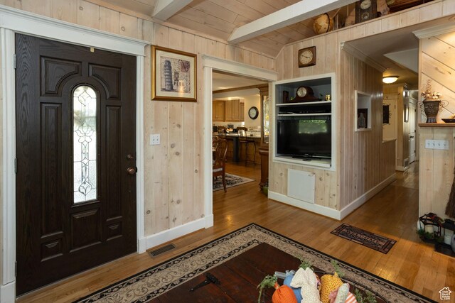 40 S Main St, Glenwood, UT 84730 - foyer with wood walls, wood finished floors, beamed ceiling, and baseboards