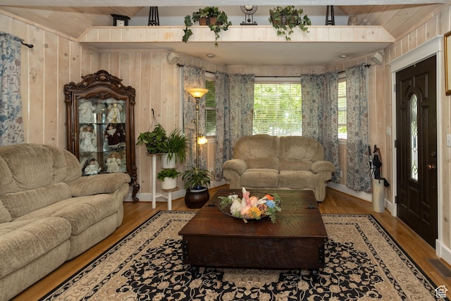 40 S Main St, Glenwood, UT 84730 - living room with wood finished floors, wooden walls, and wooden ceiling