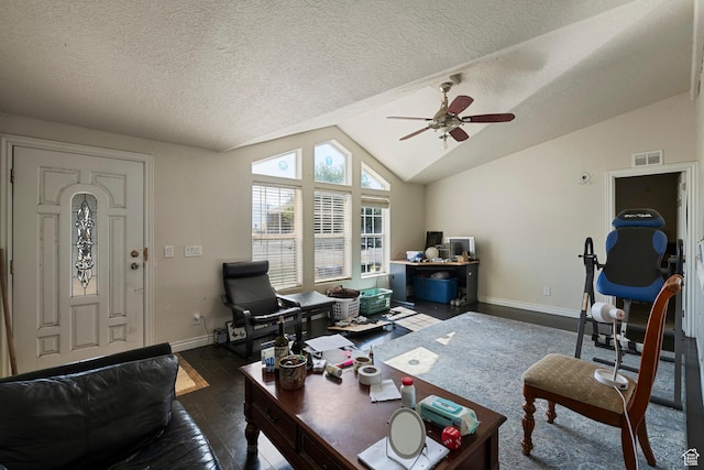 2554 S Chesterfield St W, West Valley City, UT 84119 - living area with dark wood-style floors, lofted ceiling, baseboards, a ceiling fan, and a textured ceiling
