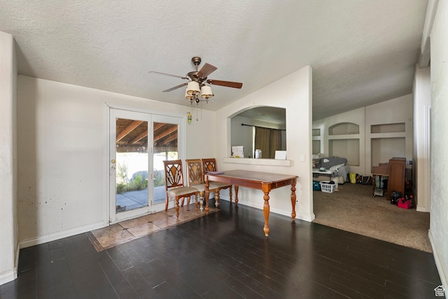 2554 S Chesterfield St W, West Valley City, UT 84119 - dining space featuring a ceiling fan, a textured ceiling, wood finished floors, baseboards, and built in features