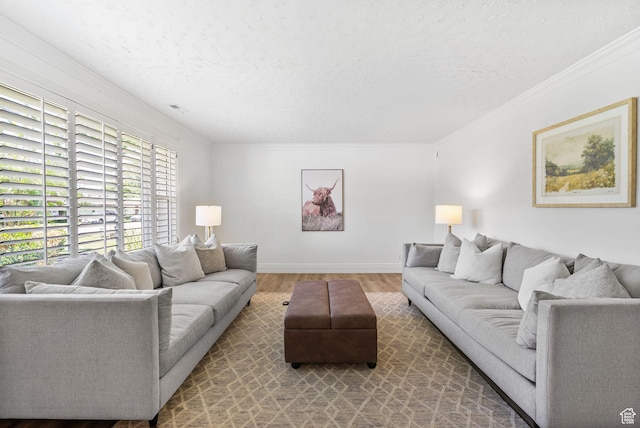 993 E 12600 S, Draper, UT 84020 - living room featuring wood finished floors, a textured ceiling, crown molding, and baseboards