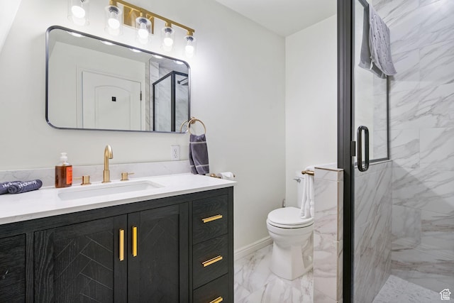 993 E 12600 S, Draper, UT 84020 - bathroom with marble look tiles, vanity, a marble finish shower, and toilet