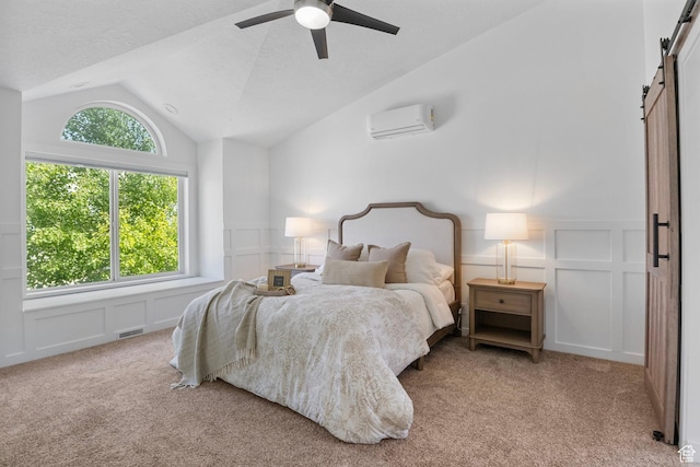13226 S Cocomo Ct W, Herriman, UT 84096 - carpeted bedroom with a barn door, a decorative wall, a wall unit AC, vaulted ceiling, and wainscoting