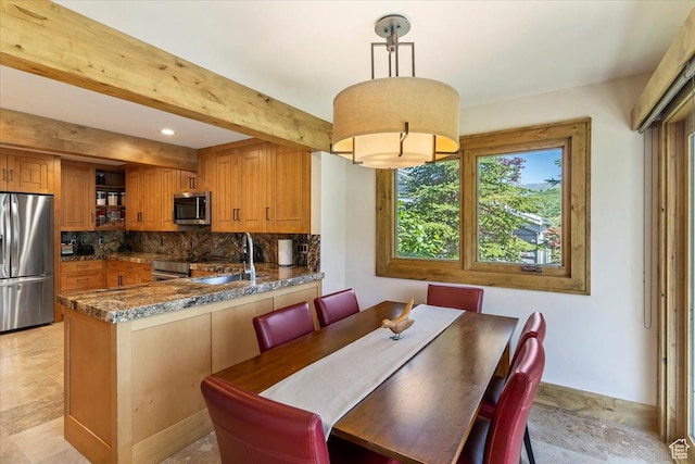 1825 S 1666th Dr E, Bountiful, UT 84010 - dining space featuring baseboards, beam ceiling, and recessed lighting