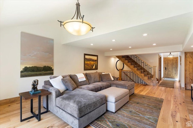 1825 S 1666th Dr E, Bountiful, UT 84010 - living area featuring light wood-type flooring, stairs, recessed lighting, baseboards, and vaulted ceiling