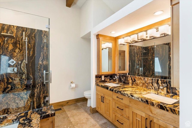 1825 S 1666th Dr E, Bountiful, UT 84010 - full bathroom featuring baseboards, double vanity, toilet, and a marble finish shower