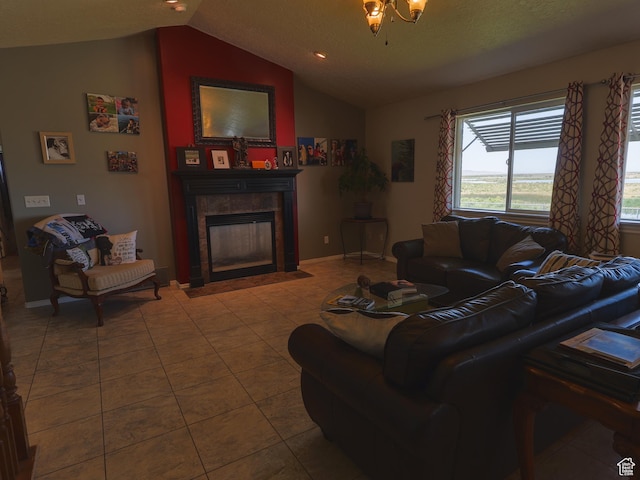 113 N 4950 W, West Point, UT 84015 - tiled living area with lofted ceiling, a tiled fireplace, and baseboards