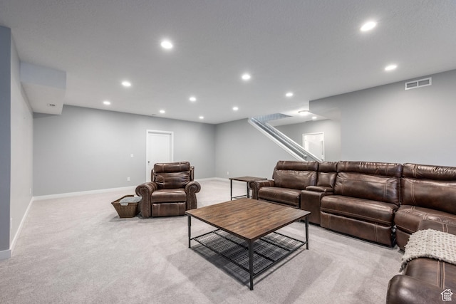 5067 W Beach Comber Way S, South Jordan, UT 84009 - living room with light colored carpet, recessed lighting, baseboards, and stairway