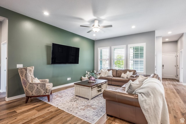 5067 W Beach Comber Way S, South Jordan, UT 84009 - living area with ceiling fan, light wood-style floors, baseboards, and recessed lighting
