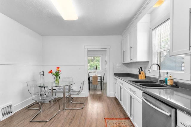 341 N 300 W, Provo, UT 84601 - kitchen featuring stainless steel dishwasher, a sink, wood finished floors, and white cabinets