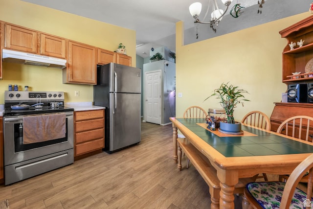 276 W 700 N, Tooele, UT 84074 - kitchen with appliances with stainless steel finishes, under cabinet range hood, a chandelier, light wood finished floors, and open shelves
