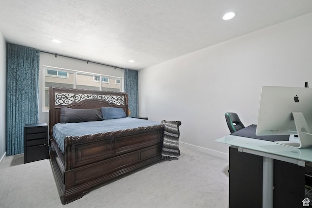 15002 S Wild Horse Way, Bluffdale, UT 84065 - bedroom with a desk, baseboards, recessed lighting, light colored carpet, and a textured ceiling