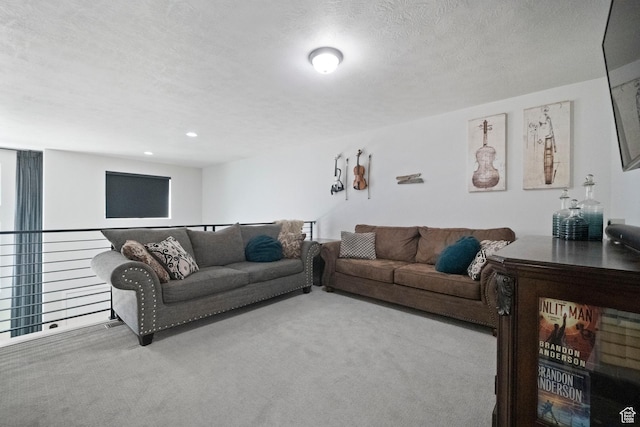 15002 S Wild Horse Way, Bluffdale, UT 84065 - carpeted living area featuring a textured ceiling and recessed lighting
