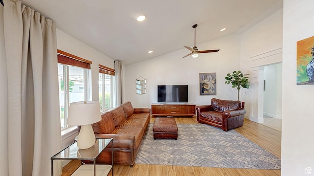 918 S River Ridge Lane, Spanish Fork, UT 84660 - living room with healthy amount of natural light, wood finished floors, a ceiling fan, recessed lighting, and high vaulted ceiling