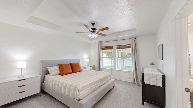 918 S River Ridge Lane, Spanish Fork, UT 84660 - bedroom with a raised ceiling, carpet floors, a textured ceiling, baseboards, and ceiling fan
