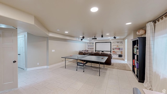 918 S River Ridge Lane, Spanish Fork, UT 84660 - recreation room featuring baseboards, light tile patterned flooring, recessed lighting, and built in shelves
