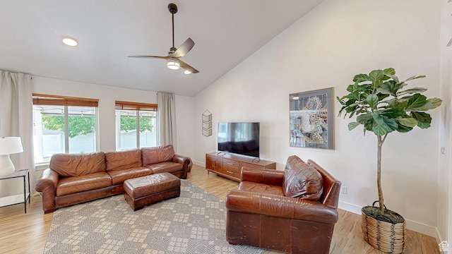 918 S River Ridge Lane, Spanish Fork, UT 84660 - living room featuring a ceiling fan, light wood-style flooring, high vaulted ceiling, baseboards, and recessed lighting
