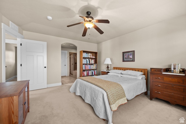 4117 W Shady Plum Way S, Jordan, UT 84009 - bedroom with light colored carpet, arched walkways, baseboards, and a ceiling fan