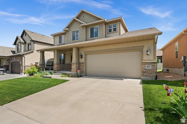 4117 W Shady Plum Way S, Jordan, UT 84009 - craftsman inspired home with stone siding, a front yard, driveway, covered porch, and an attached garage