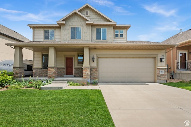 4117 W Shady Plum Way S, Jordan, UT 84009 - craftsman inspired home with concrete driveway, a front yard, a garage, stone siding, and covered porch