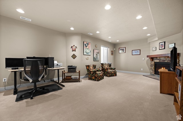 4117 W Shady Plum Way S, Jordan, UT 84009 - workout room with light carpet, recessed lighting, baseboards, and a stone fireplace