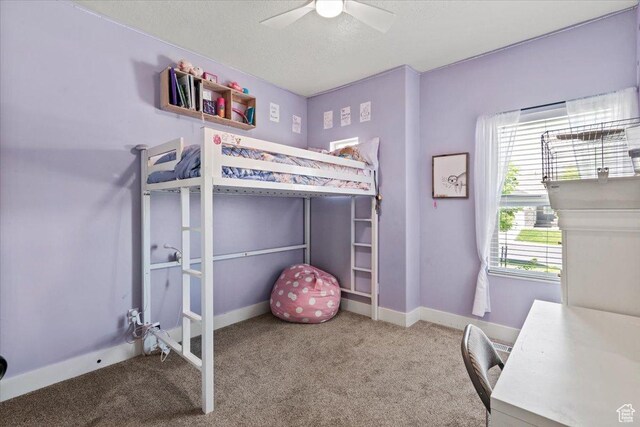 449 Travertine Way, Santaquin, UT 84655 - carpeted bedroom featuring a textured ceiling, an office area, a ceiling fan, and baseboards