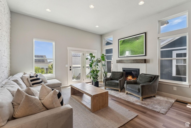 11051 S Mission Oaks Dr W, South Jordan, UT 84009 - living area with a glass covered fireplace, wood finished floors, recessed lighting, and baseboards