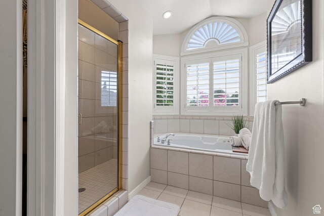 3330 N 175 W, North Ogden, UT 84414 - full bath featuring tile patterned floors, a stall shower, a bath, and vaulted ceiling