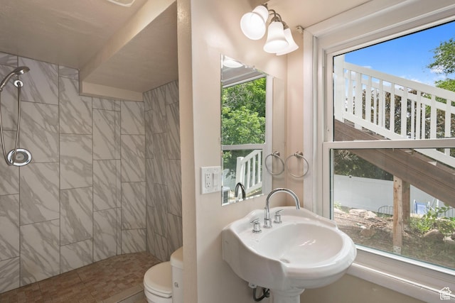 761 N Highland Blvd, Brigham City, UT 84302 - bathroom with tiled shower, toilet, a sink, and plenty of natural light