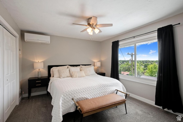 761 N Highland Blvd, Brigham City, UT 84302 - carpeted bedroom featuring a wall mounted air conditioner, baseboards, a ceiling fan, and a closet