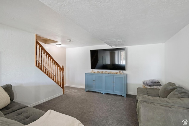 761 N Highland Blvd, Brigham City, UT 84302 - carpeted living area featuring baseboards, stairway, and a textured ceiling
