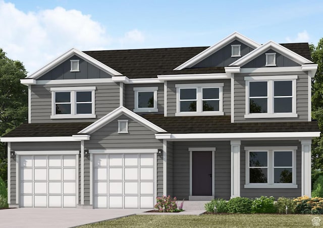 1089 E Blackfeet Dr Unit 518, Eagle Mountain, UT 84005 - view of front of home featuring a garage, roof with shingles, board and batten siding, and driveway