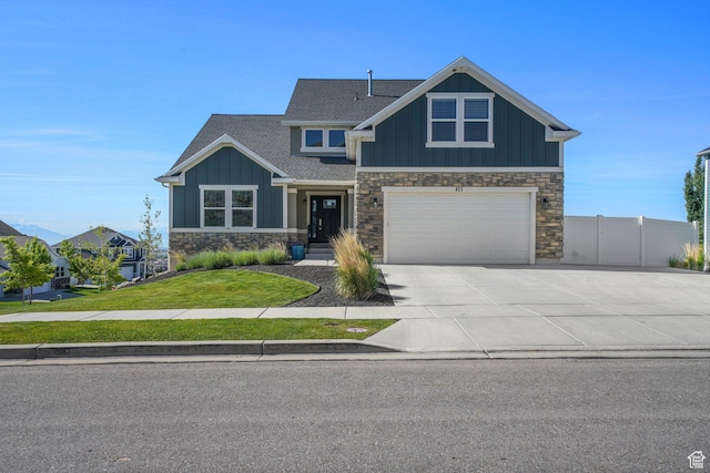 413 W 4100 N, Lehi, UT 84043 - craftsman-style home featuring stone siding, board and batten siding, driveway, an attached garage, and a shingled roof