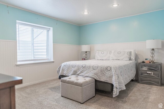 1428 N Reese Dr, Provo, UT 84601 - carpeted bedroom featuring wainscoting, recessed lighting, and ornamental molding