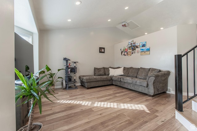 1428 N Reese Dr, Provo, UT 84601 - living room featuring stairway, light wood-type flooring, recessed lighting, vaulted ceiling, and baseboards