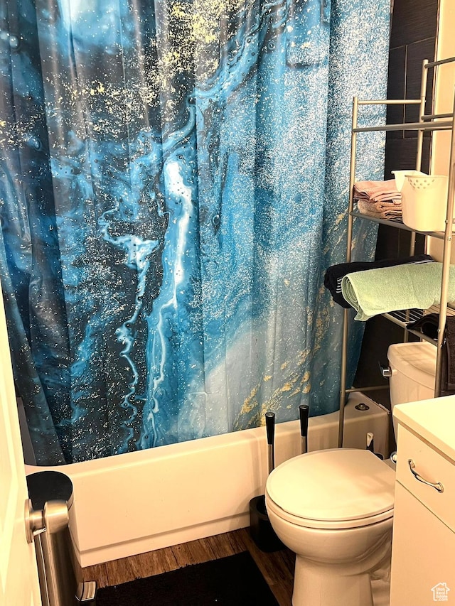 6439 S Clernates Dr, West Jordan, UT 84081 - bathroom featuring shower / bathtub combination with curtain, toilet, and vanity
